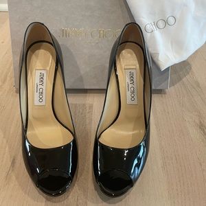 Jimmy Choo black patent Dahlia open toe platform Heel